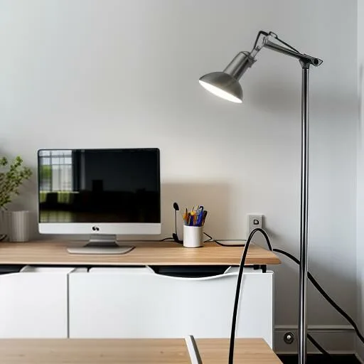 Skrivebord med datamaskin, stålampe og en plante